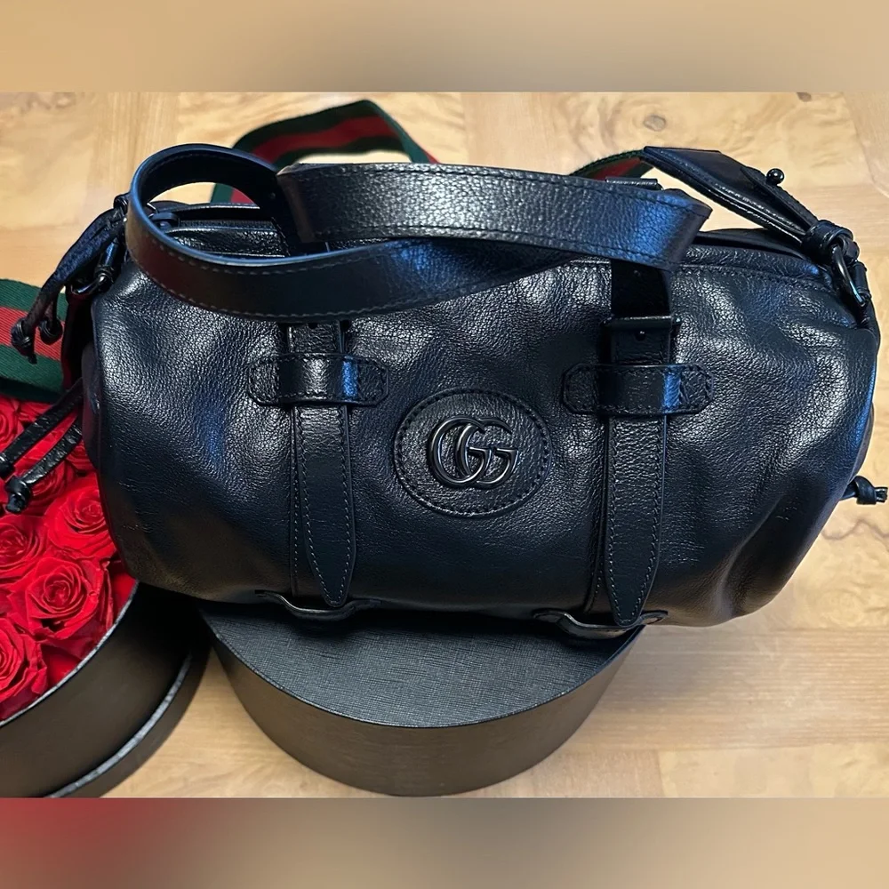 Authentic Gucci Double G Men’s Black Football Bag with Brown Monogram Interior